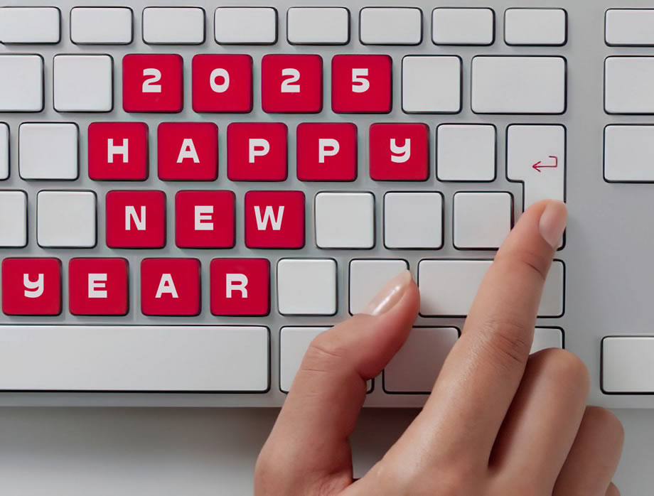 Image of a computer keyboard with red keys and text 2025 happy new year to you