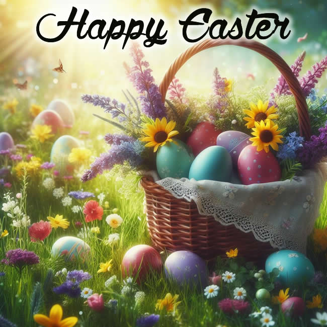 Image with a basket full of flowers and decorated eggs on a flowery meadow with the text Happy Easter