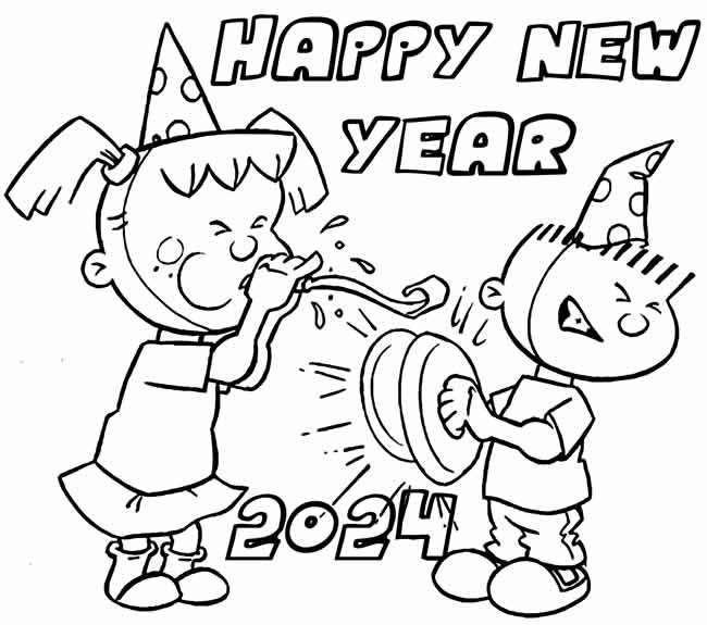 Coloring page with image of two children celebrating the arrival of the New Year