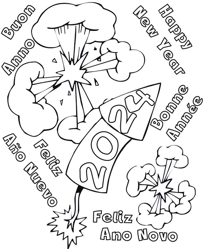 coloring page with crackling fireworks and happy new year wishes in different languages