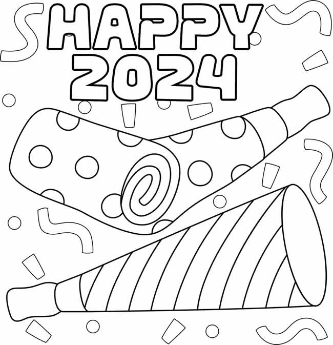 coloring page for kids with trumpets and confetti